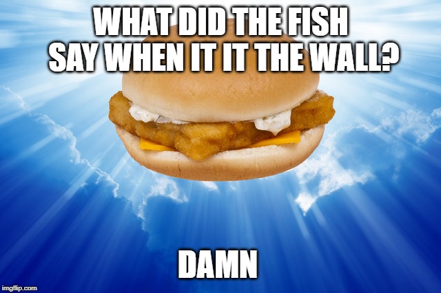 Fish Sandwich | WHAT DID THE FISH SAY WHEN IT IT THE WALL? DAMN | image tagged in memes,bad puns,puns | made w/ Imgflip meme maker