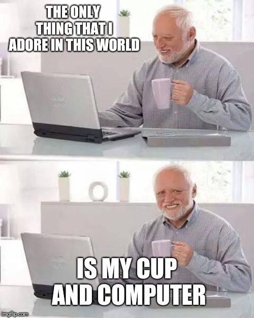 Hide the Pain Harold | THE ONLY THING THAT I ADORE IN THIS WORLD; IS MY CUP AND COMPUTER | image tagged in memes,hide the pain harold | made w/ Imgflip meme maker