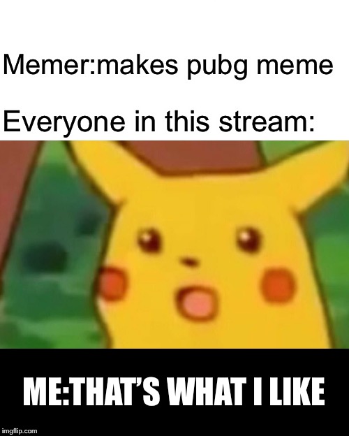 Surprised Pikachu | Memer:makes pubg meme; Everyone in this stream:; ME:THAT’S WHAT I LIKE | image tagged in memes,surprised pikachu | made w/ Imgflip meme maker
