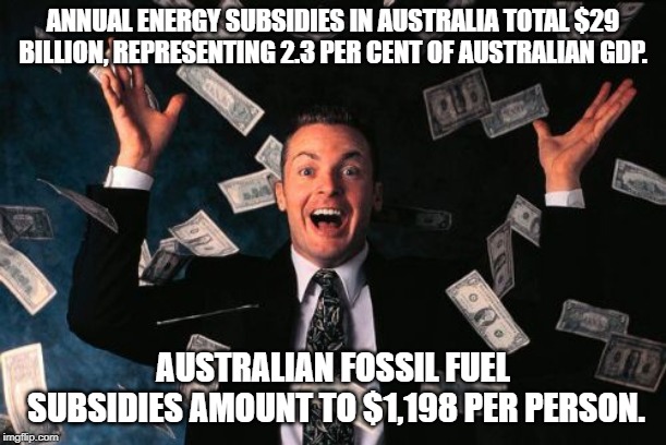 Money Man | ANNUAL ENERGY SUBSIDIES IN AUSTRALIA TOTAL $29 BILLION, REPRESENTING 2.3 PER CENT OF AUSTRALIAN GDP. AUSTRALIAN FOSSIL FUEL SUBSIDIES AMOUNT TO $1,198 PER PERSON. | image tagged in memes,money man | made w/ Imgflip meme maker
