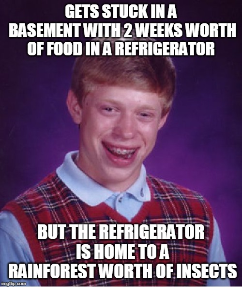 Bad Luck Brian |  GETS STUCK IN A BASEMENT WITH 2 WEEKS WORTH OF FOOD IN A REFRIGERATOR; BUT THE REFRIGERATOR IS HOME TO A RAINFOREST WORTH OF INSECTS | image tagged in memes,bad luck brian | made w/ Imgflip meme maker