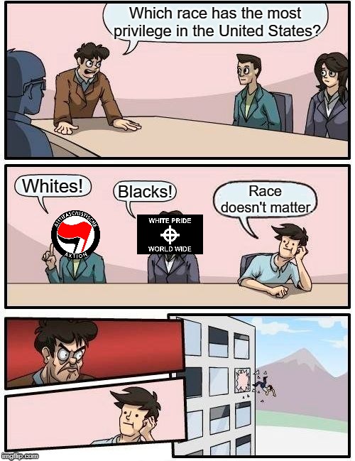 Race doesn't matter. | Which race has the most privilege in the United States? Whites! Blacks! Race doesn't matter. | image tagged in memes,boardroom meeting suggestion,race,antifa,altright | made w/ Imgflip meme maker