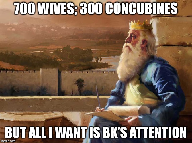 Wise King Solomon | 700 WIVES; 300 CONCUBINES; BUT ALL I WANT IS BK’S ATTENTION | image tagged in wise king solomon | made w/ Imgflip meme maker