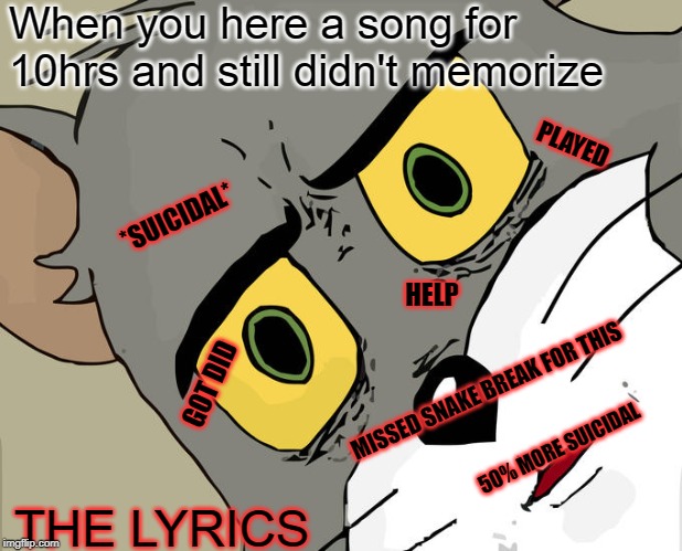 Unsettled Tom | When you here a song for 10hrs and still didn't memorize; PLAYED; *SUICIDAL*; HELP; MISSED SNAKE BREAK FOR THIS; GOT DID; 50% MORE SUICIDAL; THE LYRICS | image tagged in memes,unsettled tom | made w/ Imgflip meme maker