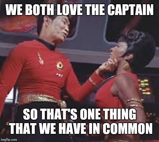 Star trek you have no power | WE BOTH LOVE THE CAPTAIN; SO THAT'S ONE THING THAT WE HAVE IN COMMON | image tagged in star trek you have no power | made w/ Imgflip meme maker