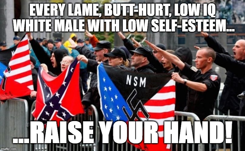 alt-right Nazis Trump | EVERY LAME, BUTT-HURT, LOW IQ WHITE MALE WITH LOW SELF-ESTEEM... ...RAISE YOUR HAND! | image tagged in alt-right nazis trump | made w/ Imgflip meme maker