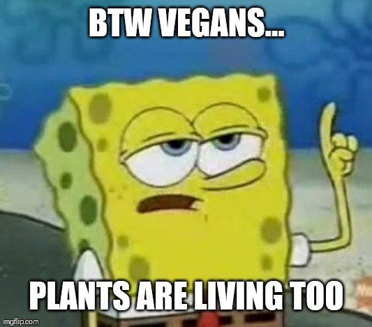 I'll Have You Know Spongebob Meme | BTW VEGANS... PLANTS ARE LIVING TOO | image tagged in memes,ill have you know spongebob | made w/ Imgflip meme maker