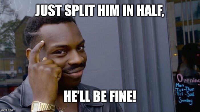 Roll Safe Think About It Meme | JUST SPLIT HIM IN HALF, HE’LL BE FINE! | image tagged in memes,roll safe think about it | made w/ Imgflip meme maker
