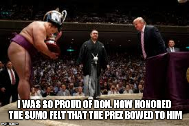 Trump sumo | I WAS SO PROUD OF DON. HOW HONORED THE SUMO FELT THAT THE PREZ BOWED TO HIM | image tagged in trump sumo | made w/ Imgflip meme maker