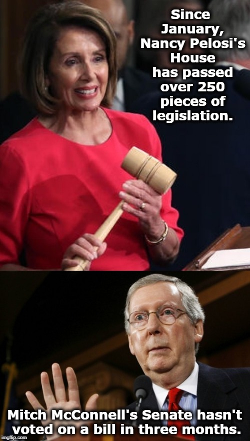 A Do-Nothing Congress? Only half right. | Since January, Nancy Pelosi's House has passed over 250 pieces of legislation. Mitch McConnell's Senate hasn't voted on a bill in three months. | image tagged in pelosi,mcconnell,house,senate | made w/ Imgflip meme maker
