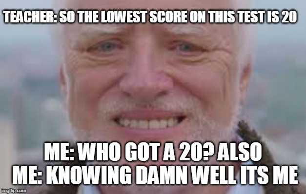hold the pain harold | TEACHER: SO THE LOWEST SCORE ON THIS TEST IS 20; ME: WHO GOT A 20? ALSO ME: KNOWING DAMN WELL ITS ME | image tagged in memes | made w/ Imgflip meme maker