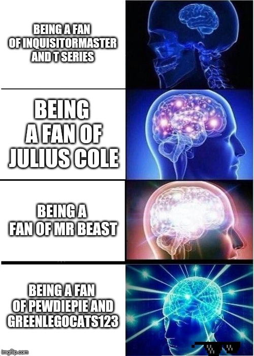 Expanding Brain | BEING A FAN OF INQUISITORMASTER AND T SERIES; BEING A FAN OF JULIUS COLE; BEING A FAN OF MR BEAST; BEING A FAN OF PEWDIEPIE AND GREENLEGOCATS123 | image tagged in memes,expanding brain | made w/ Imgflip meme maker