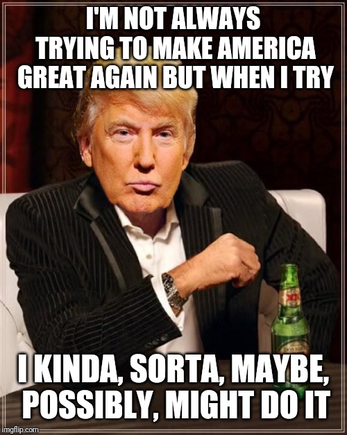 Trump Most Interesting Man In The World | I'M NOT ALWAYS TRYING TO MAKE AMERICA GREAT AGAIN BUT WHEN I TRY; I KINDA, SORTA, MAYBE, POSSIBLY, MIGHT DO IT | image tagged in trump most interesting man in the world | made w/ Imgflip meme maker