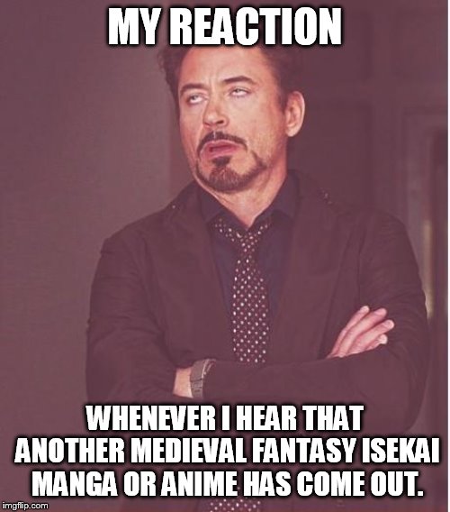 Face You Make Robert Downey Jr Meme | MY REACTION; WHENEVER I HEAR THAT ANOTHER MEDIEVAL FANTASY ISEKAI MANGA OR ANIME HAS COME OUT. | image tagged in memes,face you make robert downey jr | made w/ Imgflip meme maker