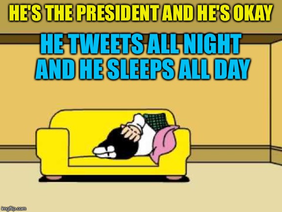 HE'S THE PRESIDENT AND HE'S OKAY HE TWEETS ALL NIGHT AND HE SLEEPS ALL DAY | made w/ Imgflip meme maker