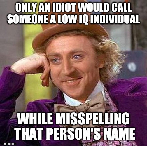 Creepy Condescending Wonka Meme | ONLY AN IDIOT WOULD CALL SOMEONE A LOW IQ INDIVIDUAL; WHILE MISSPELLING THAT PERSON'S NAME | image tagged in memes,creepy condescending wonka | made w/ Imgflip meme maker