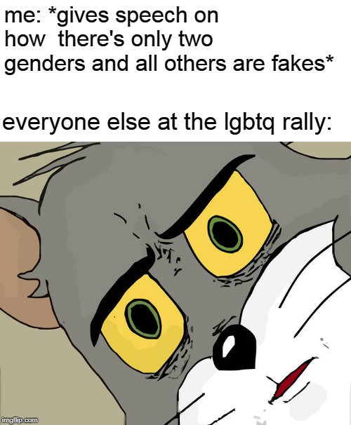 Unsettled Tom Meme | me: *gives speech on how  there's only two genders and all others are fakes*; everyone else at the lgbtq rally: | image tagged in memes,unsettled tom | made w/ Imgflip meme maker
