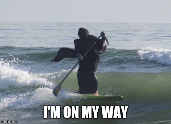 Surfing Grim Reaper | I'M ON MY WAY | image tagged in surfing grim reaper | made w/ Imgflip meme maker