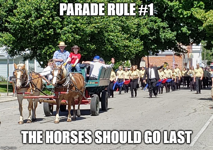 Parade Rule #1 |  PARADE RULE #1; THE HORSES SHOULD GO LAST | image tagged in parade,rule,poop,band,smart,funny | made w/ Imgflip meme maker