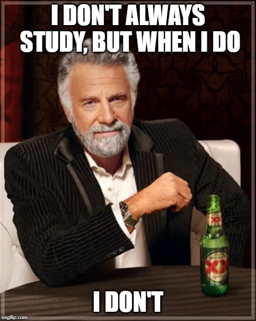 The Most Interesting Man In The World Meme | I DON'T ALWAYS STUDY, BUT WHEN I DO; I DON'T | image tagged in memes,the most interesting man in the world | made w/ Imgflip meme maker