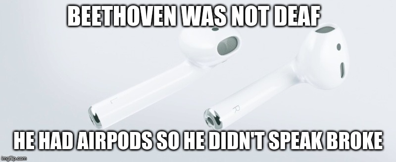 Airpods | BEETHOVEN WAS NOT DEAF; HE HAD AIRPODS SO HE DIDN'T SPEAK BROKE | image tagged in airpods | made w/ Imgflip meme maker
