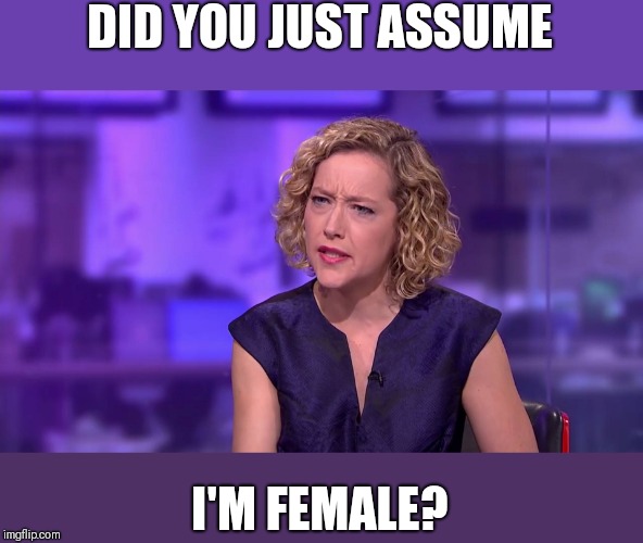 Cathy Newman feminist stunned | DID YOU JUST ASSUME I'M FEMALE? | image tagged in cathy newman feminist stunned | made w/ Imgflip meme maker