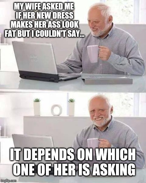 Hide the Pain Harold | MY WIFE ASKED ME IF HER NEW DRESS MAKES HER ASS LOOK FAT BUT I COULDN'T SAY... IT DEPENDS ON WHICH ONE OF HER IS ASKING | image tagged in memes,hide the pain harold | made w/ Imgflip meme maker