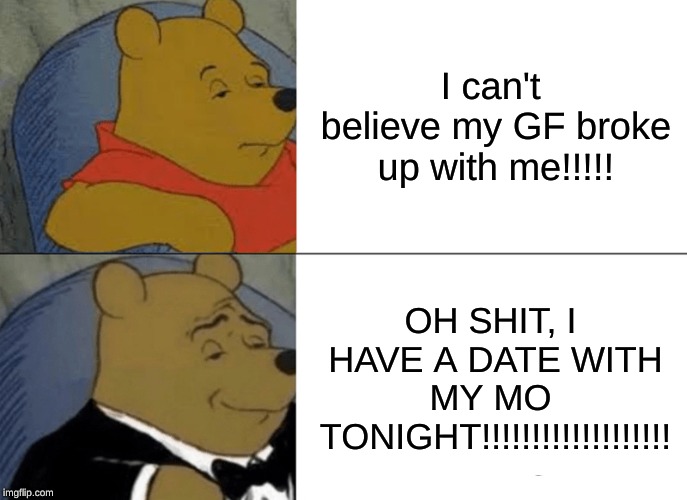Tuxedo Winnie The Pooh Meme | I can't believe my GF broke up with me!!!!! OH SHIT, I HAVE A DATE WITH MY MO  TONIGHT!!!!!!!!!!!!!!!!!!! | image tagged in memes,tuxedo winnie the pooh | made w/ Imgflip meme maker