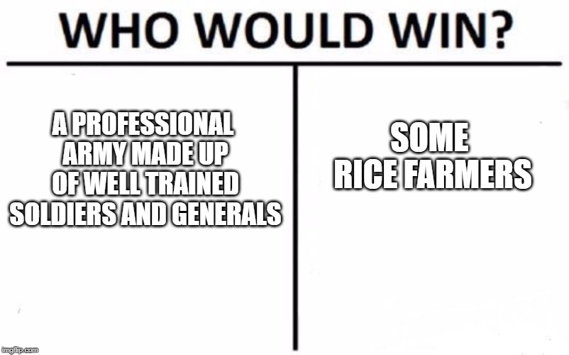 Vietnam boi |  A PROFESSIONAL ARMY MADE UP OF WELL TRAINED SOLDIERS AND GENERALS; SOME RICE FARMERS | image tagged in memes,who would win | made w/ Imgflip meme maker