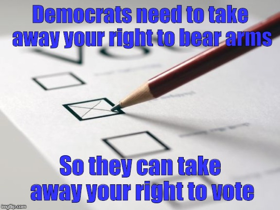 Disarm before they take away your vote | Democrats need to take away your right to bear arms; So they can take away your right to vote | image tagged in voting ballot,gun control,democrats | made w/ Imgflip meme maker