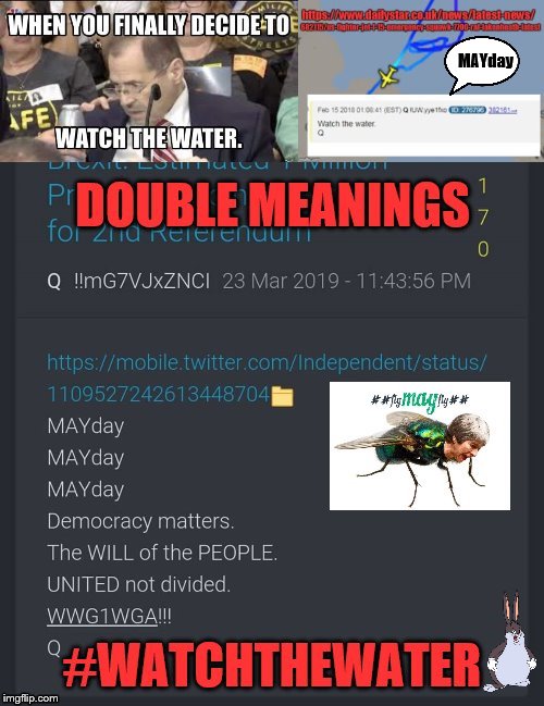Double Meanings | MAYday | image tagged in qanon,the great awakening,theresa may,uk,warning sign | made w/ Imgflip meme maker
