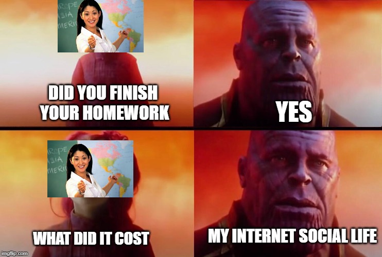 My teacher be like |  DID YOU FINISH YOUR HOMEWORK; YES; MY INTERNET SOCIAL LIFE; WHAT DID IT COST | image tagged in what did it cost | made w/ Imgflip meme maker