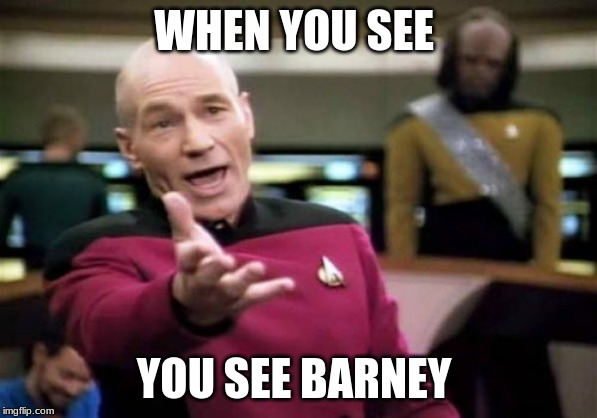 Picard Wtf Meme | WHEN YOU SEE; YOU SEE BARNEY | image tagged in memes,picard wtf | made w/ Imgflip meme maker
