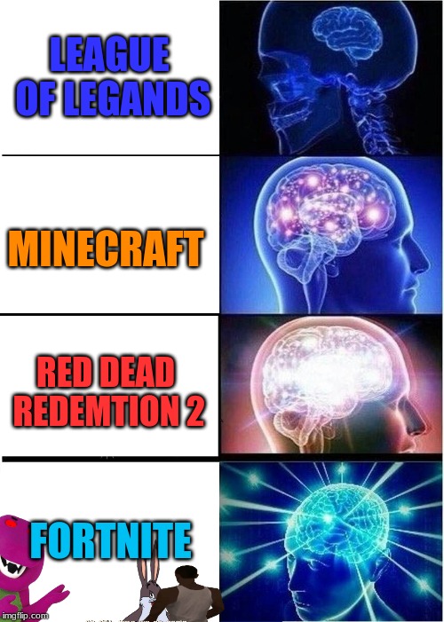 all the games youll ever need | LEAGUE OF LEGANDS; MINECRAFT; RED DEAD REDEMTION 2; FORTNITE | image tagged in memes,expanding brain,funny,fortnite | made w/ Imgflip meme maker
