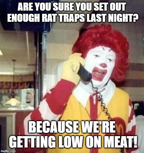 Ronald McDonald Temp | ARE YOU SURE YOU SET OUT ENOUGH RAT TRAPS LAST NIGHT? BECAUSE WE'RE GETTING LOW ON MEAT! | image tagged in ronald mcdonald temp | made w/ Imgflip meme maker