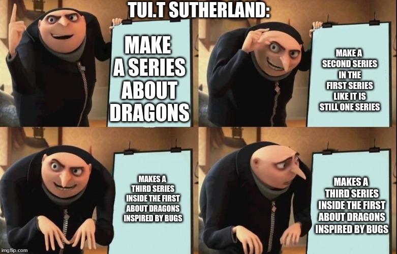 Gru poster | TUI.T SUTHERLAND:; MAKE A SERIES ABOUT DRAGONS; MAKE A SECOND SERIES IN THE FIRST SERIES LIKE IT IS STILL ONE SERIES; MAKES A THIRD SERIES INSIDE THE FIRST ABOUT DRAGONS INSPIRED BY BUGS; MAKES A THIRD SERIES INSIDE THE FIRST ABOUT DRAGONS INSPIRED BY BUGS | image tagged in gru poster | made w/ Imgflip meme maker