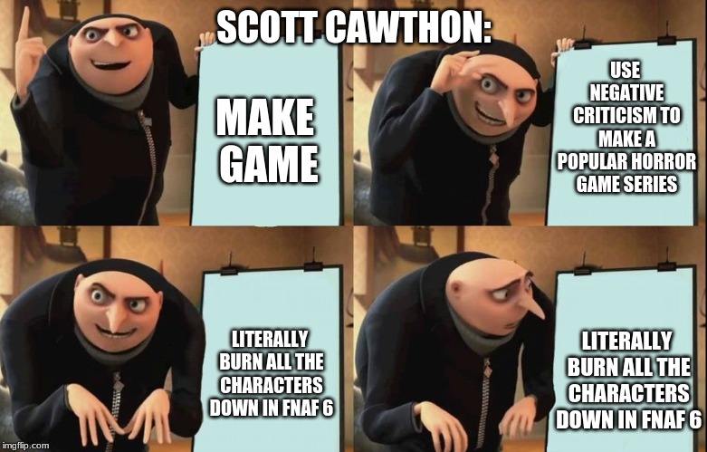 Gru poster | MAKE GAME; SCOTT CAWTHON:; USE NEGATIVE CRITICISM TO MAKE A POPULAR HORROR GAME SERIES; LITERALLY BURN ALL THE CHARACTERS DOWN IN FNAF 6; LITERALLY BURN ALL THE CHARACTERS DOWN IN FNAF 6 | image tagged in gru poster | made w/ Imgflip meme maker