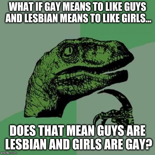 Philosoraptor Meme | WHAT IF GAY MEANS TO LIKE GUYS AND LESBIAN MEANS TO LIKE GIRLS... DOES THAT MEAN GUYS ARE LESBIAN AND GIRLS ARE GAY? | image tagged in memes,philosoraptor,question | made w/ Imgflip meme maker