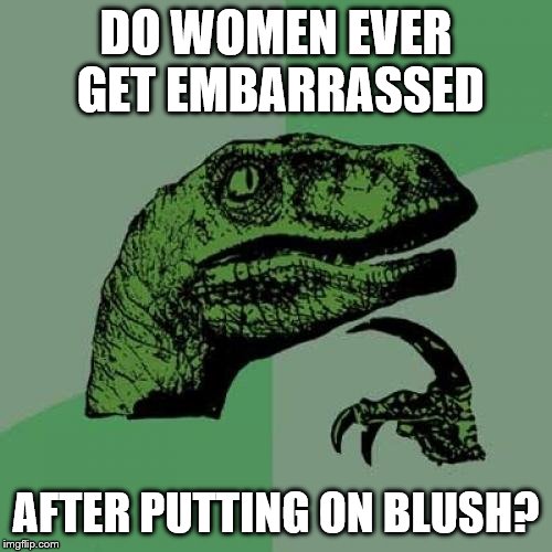 Philosoraptor Meme | DO WOMEN EVER GET EMBARRASSED; AFTER PUTTING ON BLUSH? | image tagged in memes,philosoraptor | made w/ Imgflip meme maker