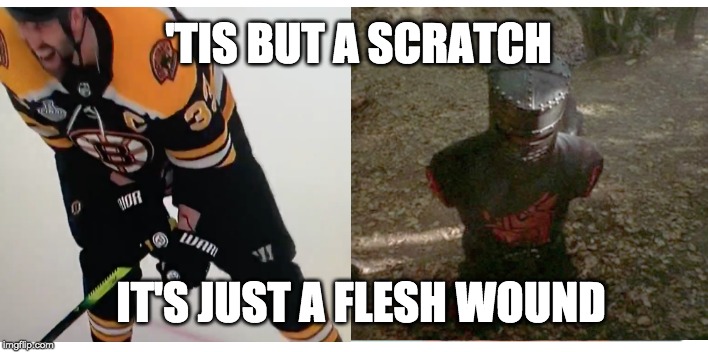 Zdeno Chara IS the Black Knight | 'TIS BUT A SCRATCH; IT'S JUST A FLESH WOUND | image tagged in zdeno chara,boston bruins,holy grail,monty python,stanley cup,stanley cup final | made w/ Imgflip meme maker