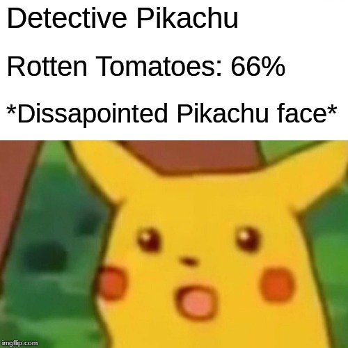 Surprised Pikachu | Detective Pikachu; Rotten Tomatoes: 66%; *Disappointed Pikachu face* | image tagged in memes,surprised pikachu | made w/ Imgflip meme maker