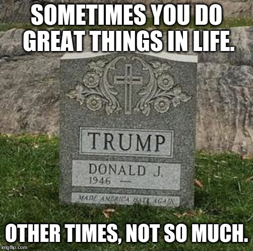 The Death of Trump | SOMETIMES YOU DO GREAT THINGS IN LIFE. OTHER TIMES, NOT SO MUCH. | image tagged in trump,tramp,trumbauer,fqekuhefhubj | made w/ Imgflip meme maker
