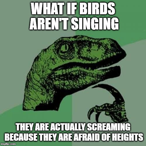 Philosoraptor | WHAT IF BIRDS AREN'T SINGING; THEY ARE ACTUALLY SCREAMING BECAUSE THEY ARE AFRAID OF HEIGHTS | image tagged in memes,philosoraptor | made w/ Imgflip meme maker