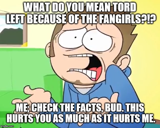 Facts for ya fangurls and bois. | WHAT DO YOU MEAN TORD LEFT BECAUSE OF THE FANGIRLS?!? ME; CHECK THE FACTS, BUD. THIS HURTS YOU AS MUCH AS IT HURTS ME. | image tagged in eddsworld what are you talking about,fangirls,facts | made w/ Imgflip meme maker