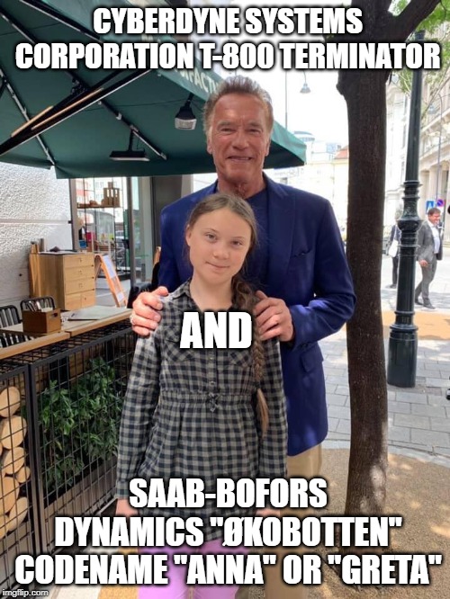 T1000 and Økobot-019 | CYBERDYNE SYSTEMS CORPORATION T-800 TERMINATOR; AND; SAAB-BOFORS DYNAMICS "ØKOBOTTEN" CODENAME "ANNA" OR "GRETA" | image tagged in t1000 and kobot-019 | made w/ Imgflip meme maker