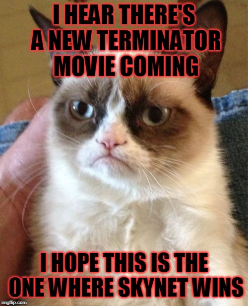 Beware. The Grumpinator G-1000 is coming online. | I HEAR THERE'S A NEW TERMINATOR MOVIE COMING; I HOPE THIS IS THE ONE WHERE SKYNET WINS | image tagged in memes,grumpy cat,terminator,dark,fate,james cameron | made w/ Imgflip meme maker