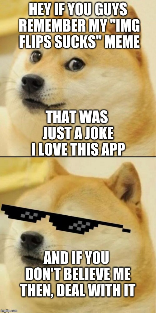 HEY IF YOU GUYS REMEMBER MY "IMG FLIPS SUCKS" MEME; THAT WAS JUST A JOKE I LOVE THIS APP; AND IF YOU DON'T BELIEVE ME THEN, DEAL WITH IT | image tagged in wow doge,sunglass doge | made w/ Imgflip meme maker