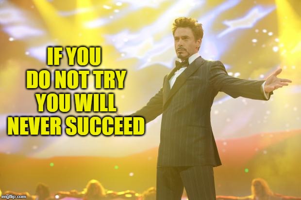 Tony Stark success | IF YOU DO NOT TRY YOU WILL NEVER SUCCEED | image tagged in tony stark success | made w/ Imgflip meme maker