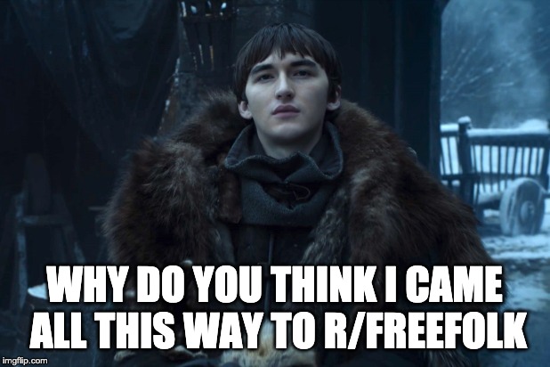 Bran Stark | WHY DO YOU THINK I CAME ALL THIS WAY TO R/FREEFOLK | image tagged in bran stark | made w/ Imgflip meme maker