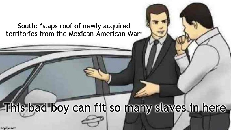 Car Salesman Slaps Roof Of Car Meme | South: *slaps roof of newly acquired territories from the Mexican-American War*; This bad boy can fit so many slaves in here | image tagged in memes,car salesman slaps roof of car | made w/ Imgflip meme maker